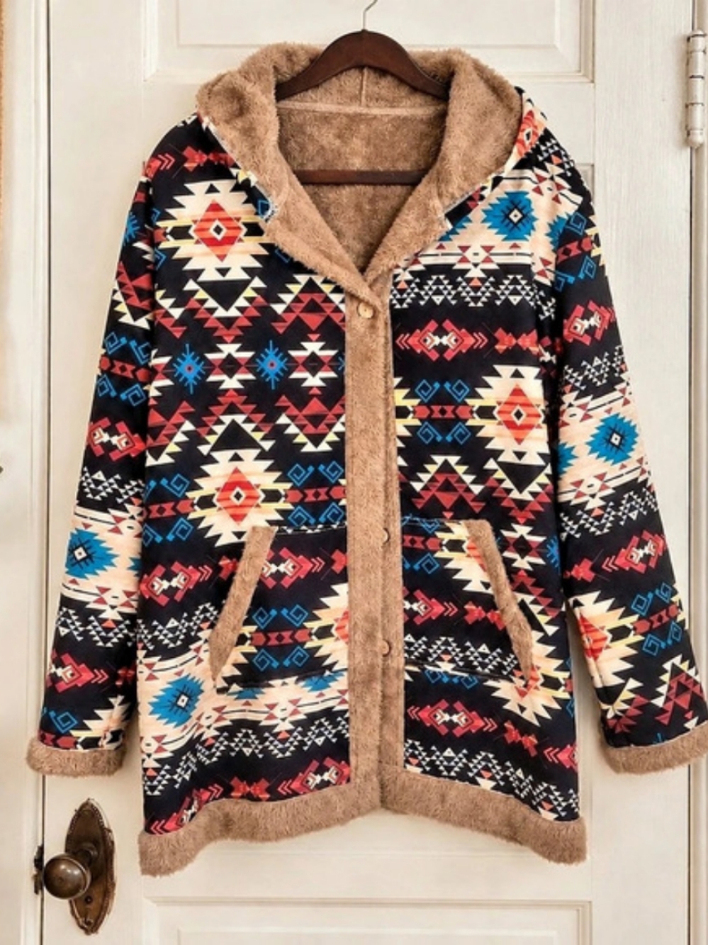 Southwestern Geometric Fleece Lined Hooded Coat 24” P2P